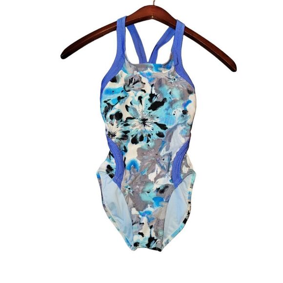 NIKE Blue Tie Dye Floral Fast Back Team Bathing 1pc Swim Suit NEW Girls 10  26 - Picture 2 of 7